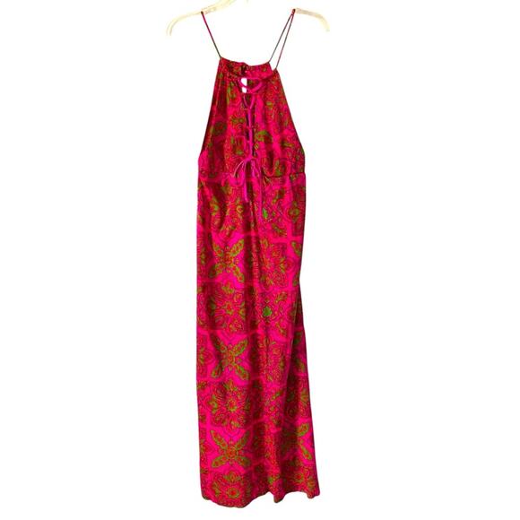 Vintage 60s Handmade Dress Groovy Neon Pink Green Maxi Dress size small lace up - Picture 1 of 9